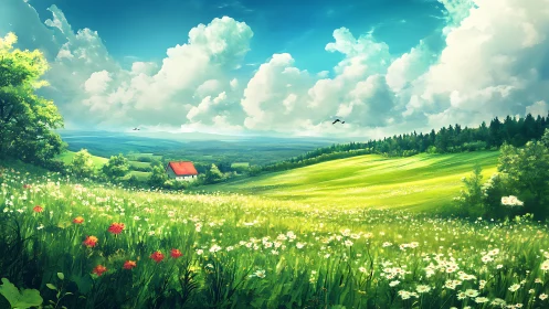 Digital landscape shows green meadow, distant house and clouds