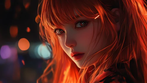 Luminous-haired anime girl gazes back in neon night glow.