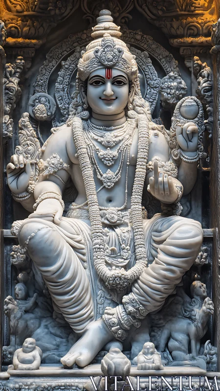 Intricately carved marble Hindu deity statue in shrine