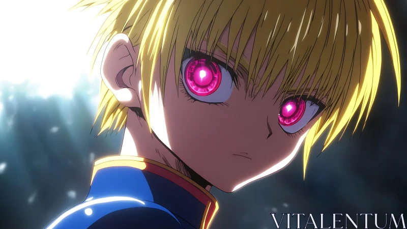 Blond anime character with intense glowing pink eyes.