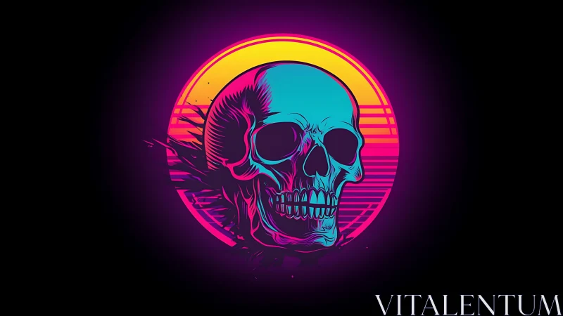 Neon cyan skull before sunset gradient circle emblem.