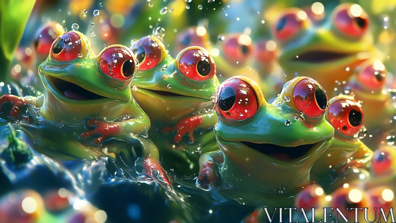 Hyperrealistic red-eyed tree frog cluster in luminous pond