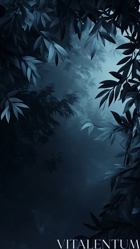 Moonlit foliage framing a misty midnight forest passage.