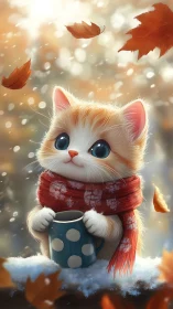 Orange and white cat with red scarf holding beverage mug