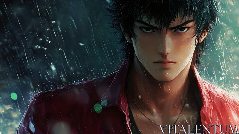 Brooding anime hero stands in stormlit rain-soaked night