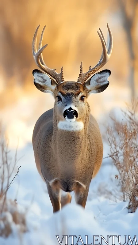 Whitetail buck stands alert against defocused winter bokeh background