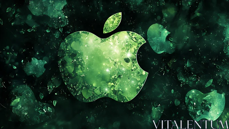 Crystalline green apple emblem in particulate digital field.