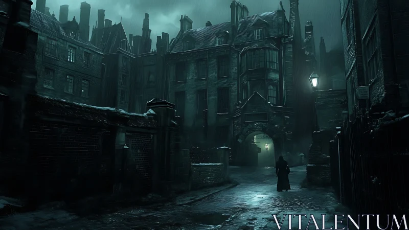 Victorian alley glows under cold emerald rainlight.