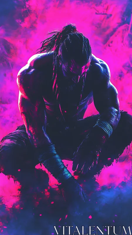 Cyberpunk neon warrior in crouched silhouette composition.