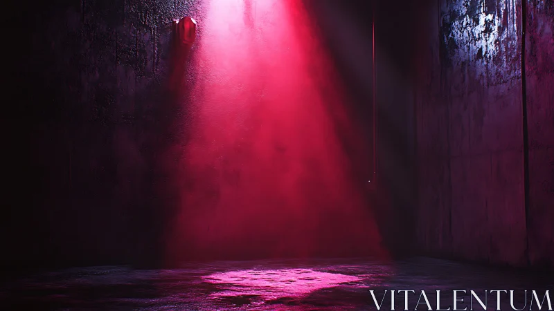 Red volumetric spotlight cuts through fog in industrial room