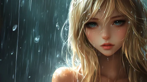 Blonde anime girl standing in falling rain, close portrait.