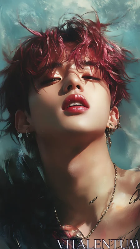 Red haired figure in close portrait with jewelry details.