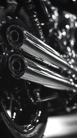 Chrome motorcycle exhaust pipes in close technical focus.
