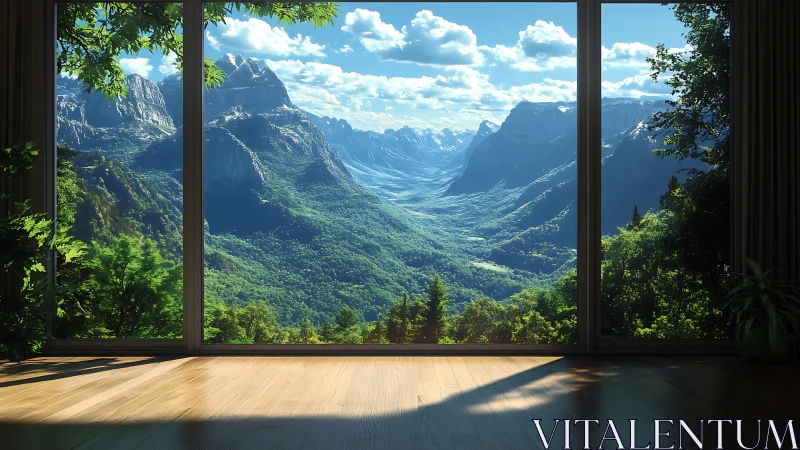 Mountain valley panorama fills serene modern window view.