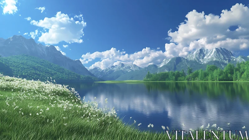 Alpine lake landscape renders crisp reflections and luminous flora