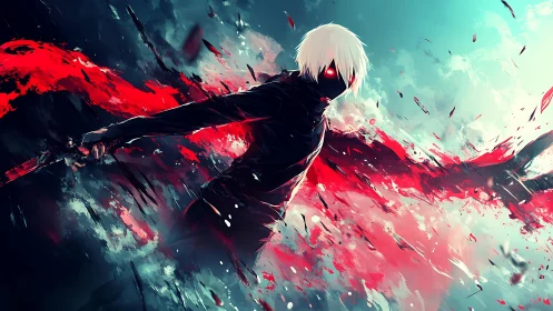 Masked white haired warrior unleashes crimson energy wings