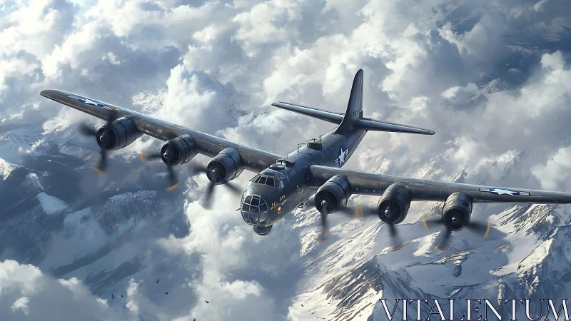 Silver bomber drifts above stormy teeth of winter mountains.