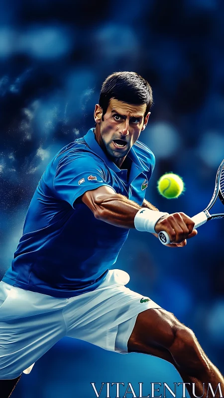 Forehand comet slices through neon blue tennis twilight