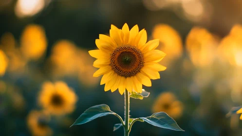 Single sunflower in creamy bokeh field at golden hour light.