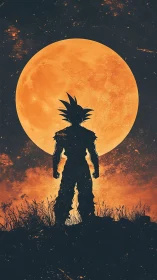 Silhouetted warrior confronting colossal orange moonscape.