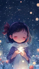 Snowlit girl cradling glowing bunny amid dreamy night sky.