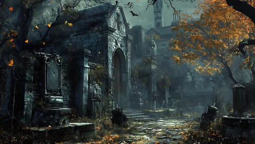 Ruined stone mausoleum under cold mist with autumn foliage