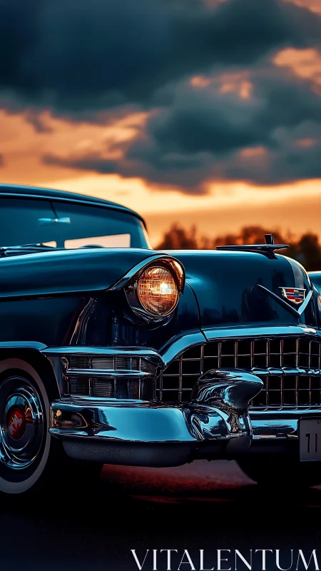 Chromed classic sedan grille under storm-lit sunset sky.