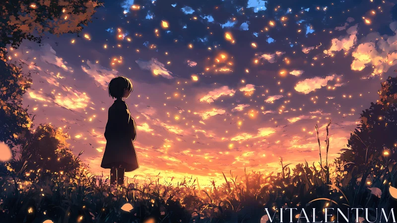 Silhouetted child watches glowing embers drift across sunset sky.