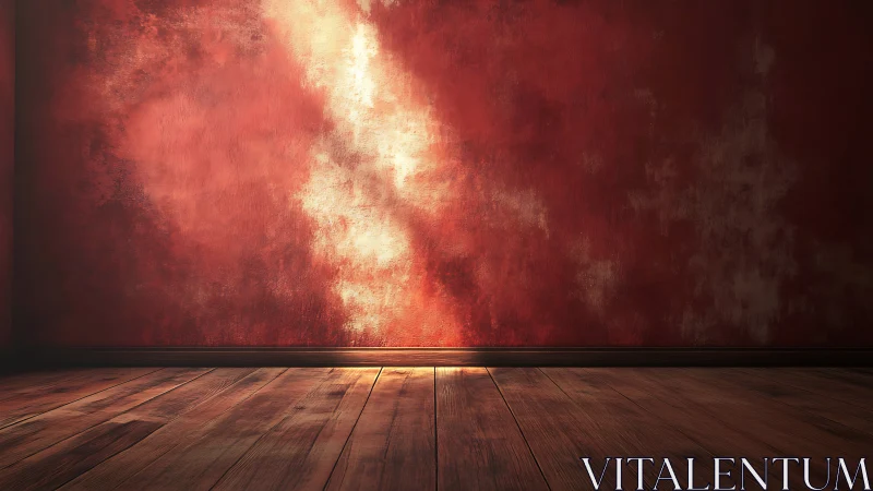 Sunlit scarlet wall and wooden floor in quiet minimal stage.