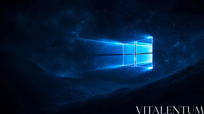 Luminous window logo portal in deep blue interstellar landscape