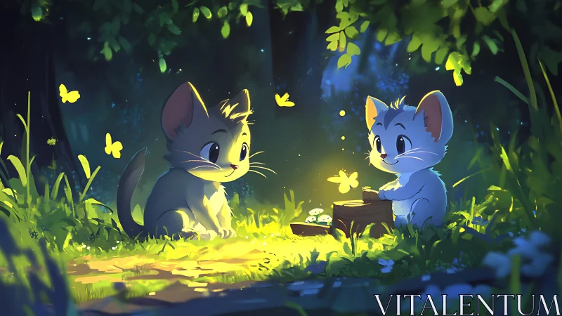 Luminous Whispers: Two Kits Share Enchanted Firefly Secrets.