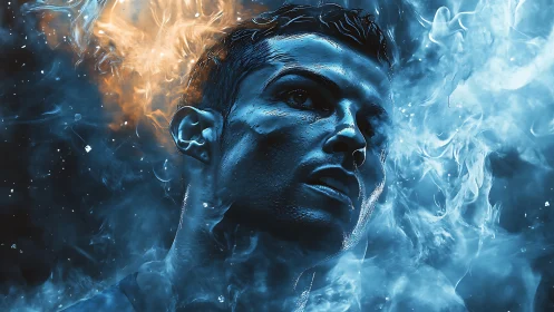 Heroic blue portrait wreathed in dynamic fire and smoke.