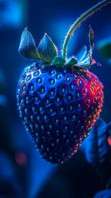 Neon lit strawberry macro under blue and red lighting.