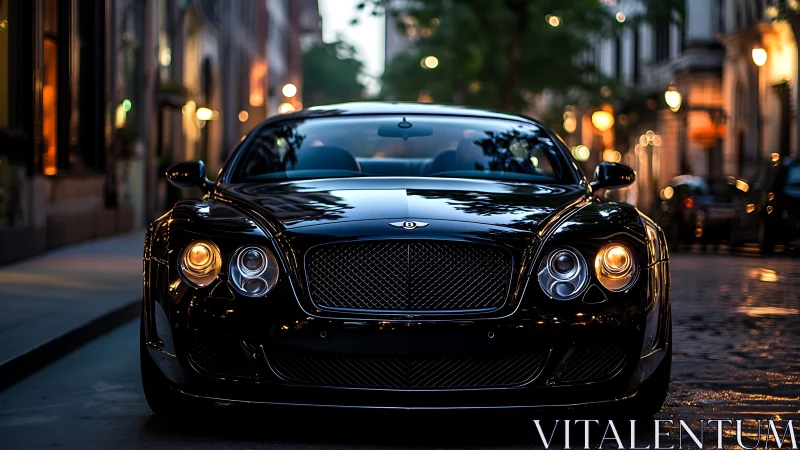 Gloss-black grand tourer with illuminated grille symmetry.