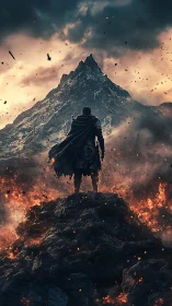 Lone hero quietly faces a burning mountain under stormy skies