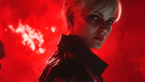 Scarlet-lit vigilante turns from the blaze with icy resolve.