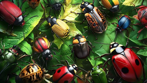 Colorful beetle gathering turns green leaves into a jewel garden