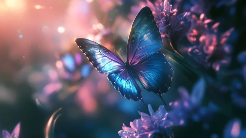 Luminous blue butterfly drifting through twilight blooms.