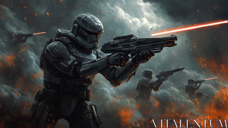 Armored soldiers with rifles in smoke-filled combat zone.