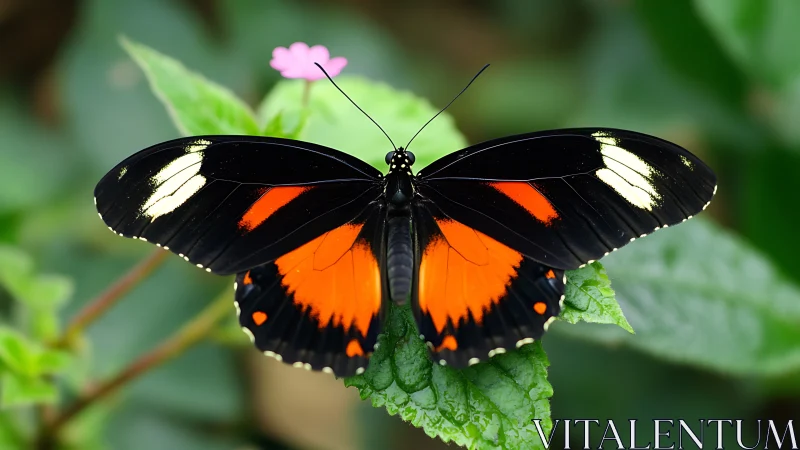 Black butterfly rests on green leaf with vivid orange bands