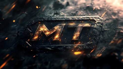 Molten metal MT monogram embedded in fractured basalt plate