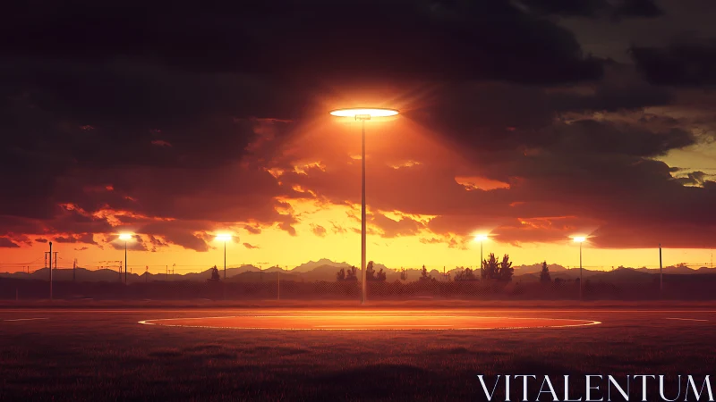 Floodlit sports field glows against dramatic sunset sky