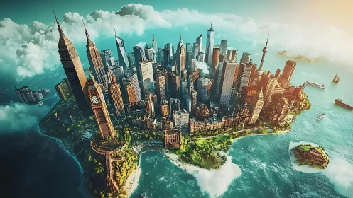 Hybrid global skyline island with iconic towers in vivid light