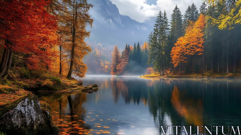 Autumn forest lakeside mirrored in tranquil mountain waters.
