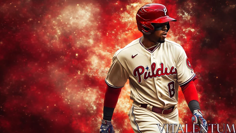 Digital portrait of baseball player with cosmic red nebula backdrop