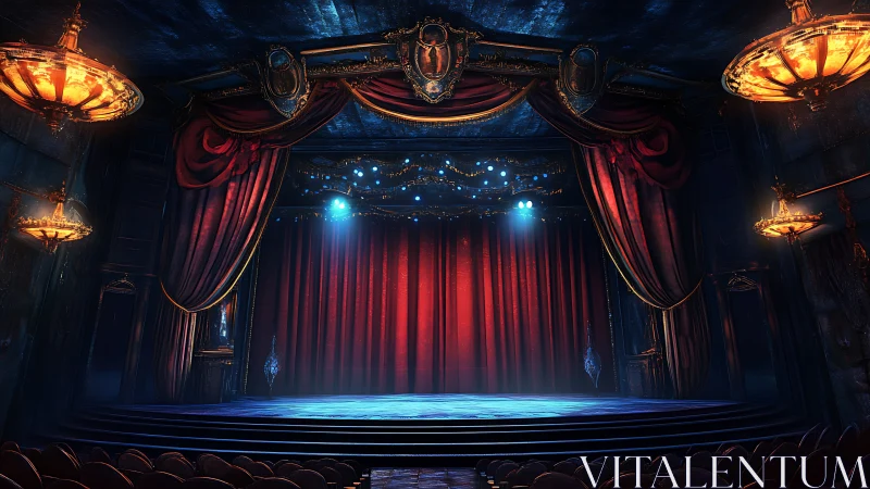 Ornate proscenium stage with closed red curtain and spotlights