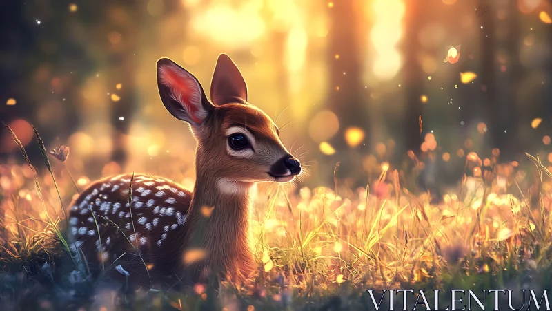 Gentle fawn resting in golden forest glow at quiet sunset.