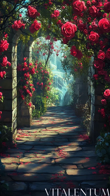 Rose-draped stone path into a secret waterfall garden dream.