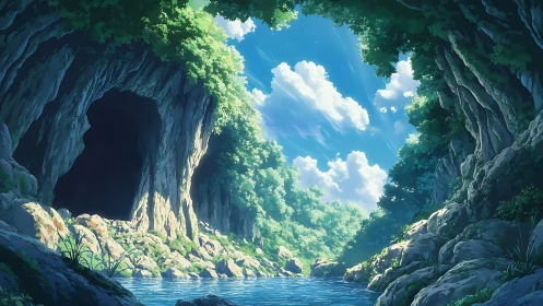 Hidden forest grotto opening onto a sunlit river haven.