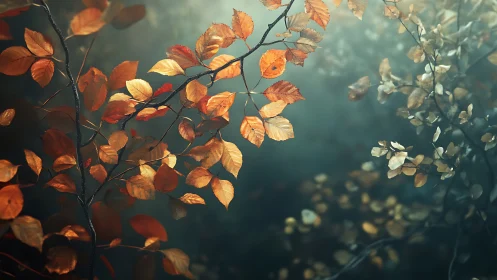 Autumn leaves on branches in soft atmospheric forest light.